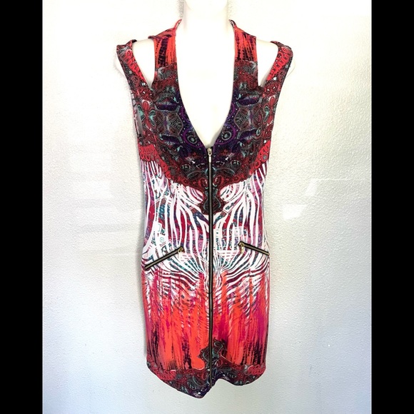 BEBE multicolor front zip cools shoulder mini dress size small - Picture 10 of 10